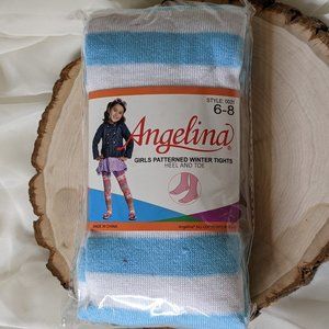 NIB Angelina Girl's Blue White Stripe Winter Tights Size 6-8 (Bundle)